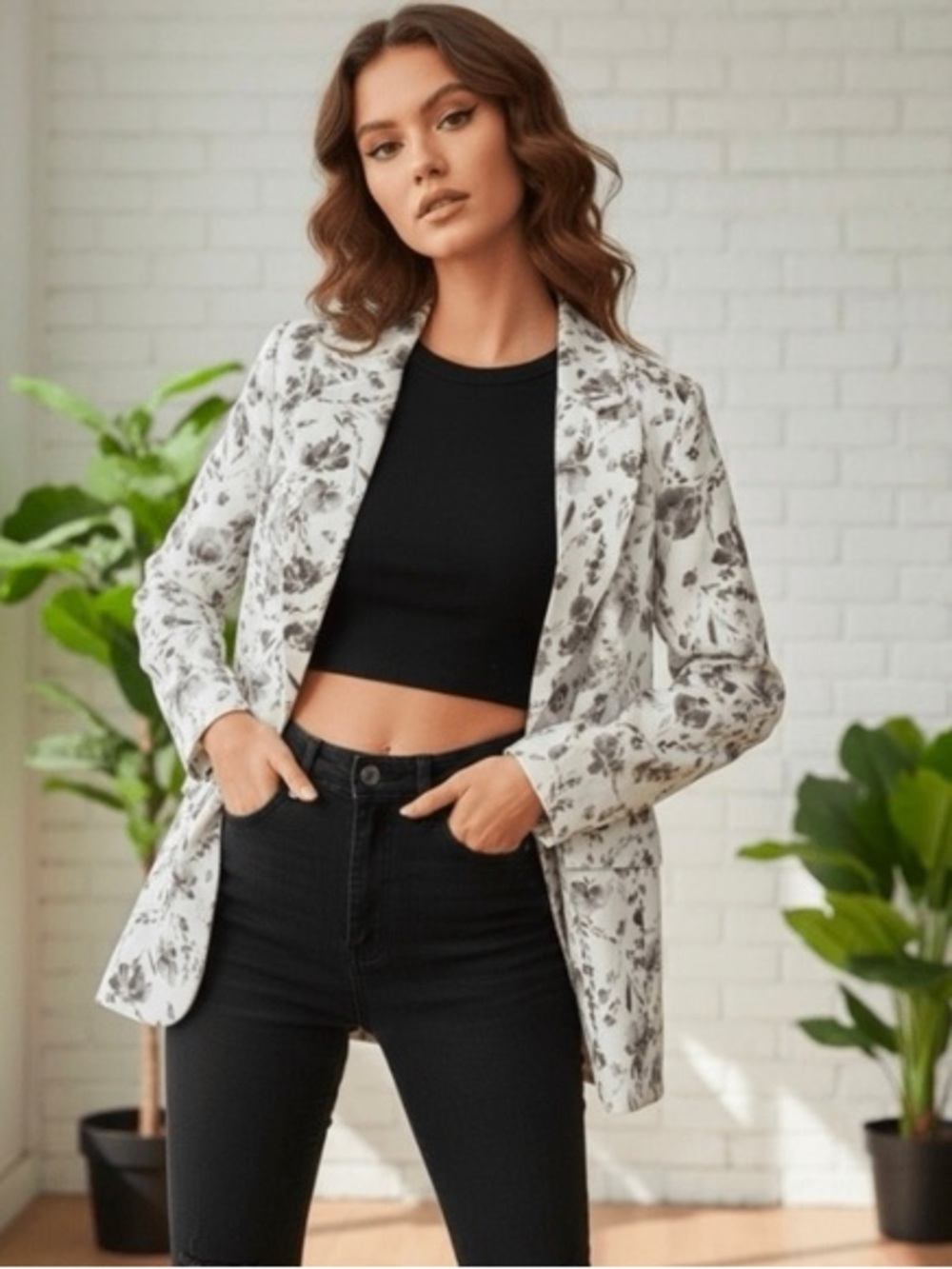 Joie 100% Linen Floral Print Single Button Blazer Jacket - Beige & Black